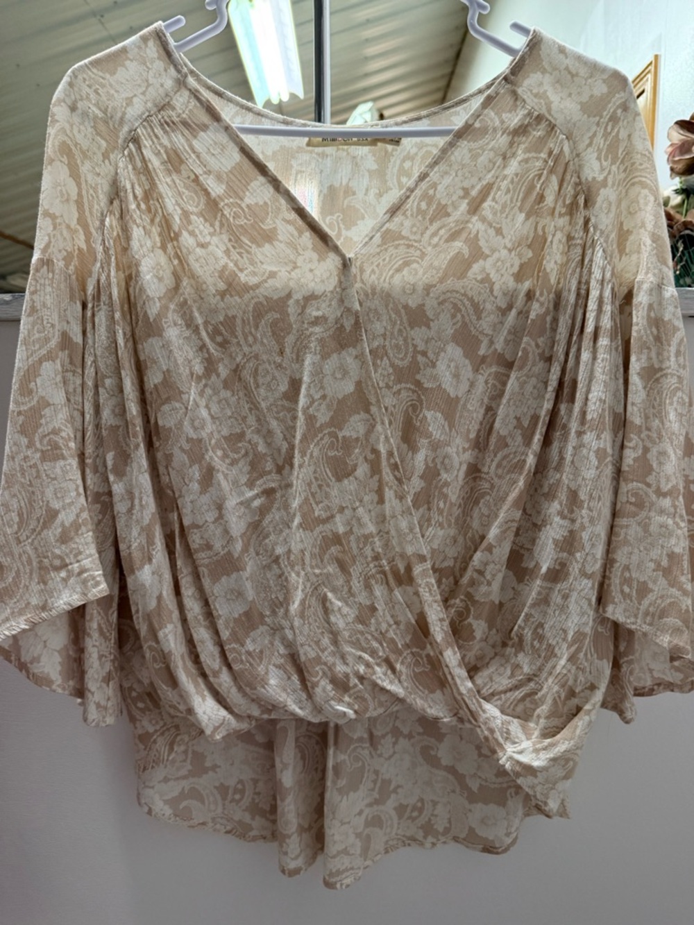 Tan & White Flowered Top With Fold Under Front